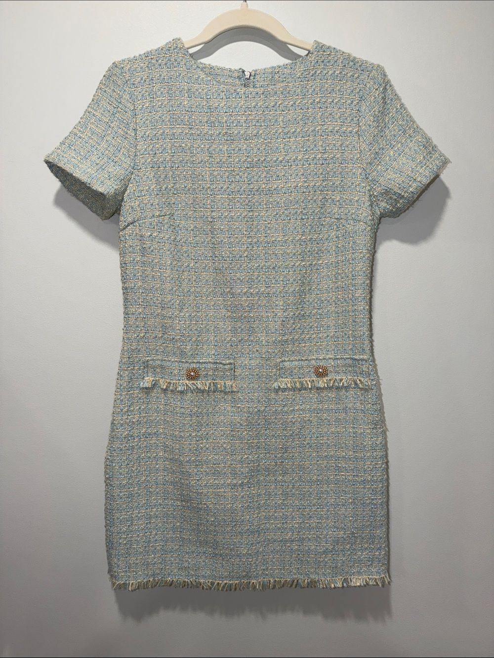 bebop M Tiffany Blue Ivory Silver Tweed Short Sleeve Pearl Button Dress
